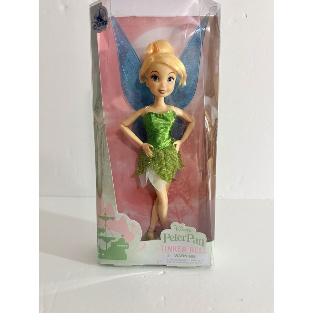 Disney Store Tinker Bell Doll Glitter Green Dress Blue Wings Peter Pan Brand New